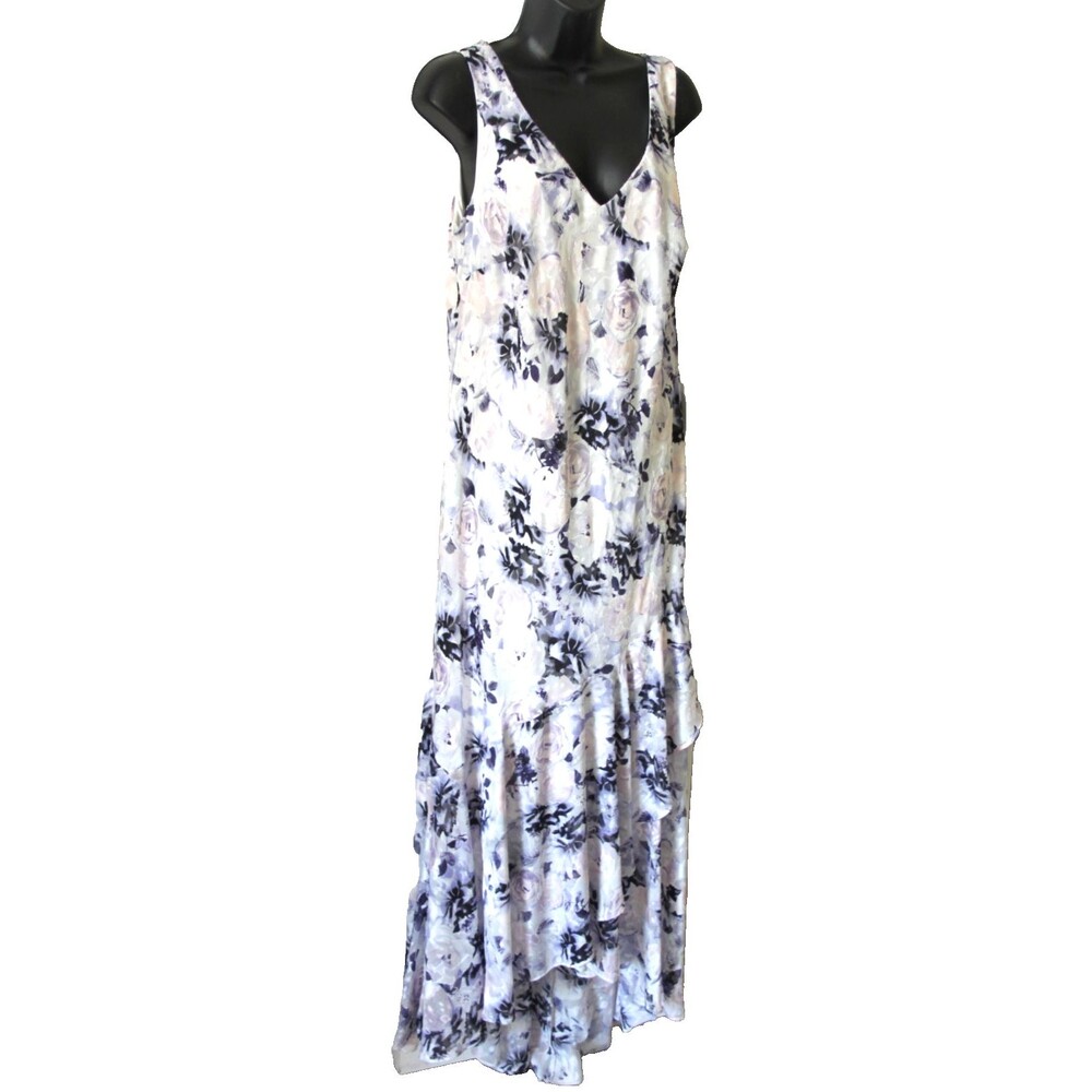 Alex Evenings Floral Maxi Dress 14W Sleeveless Flowing Hem Lined Textured Tiered